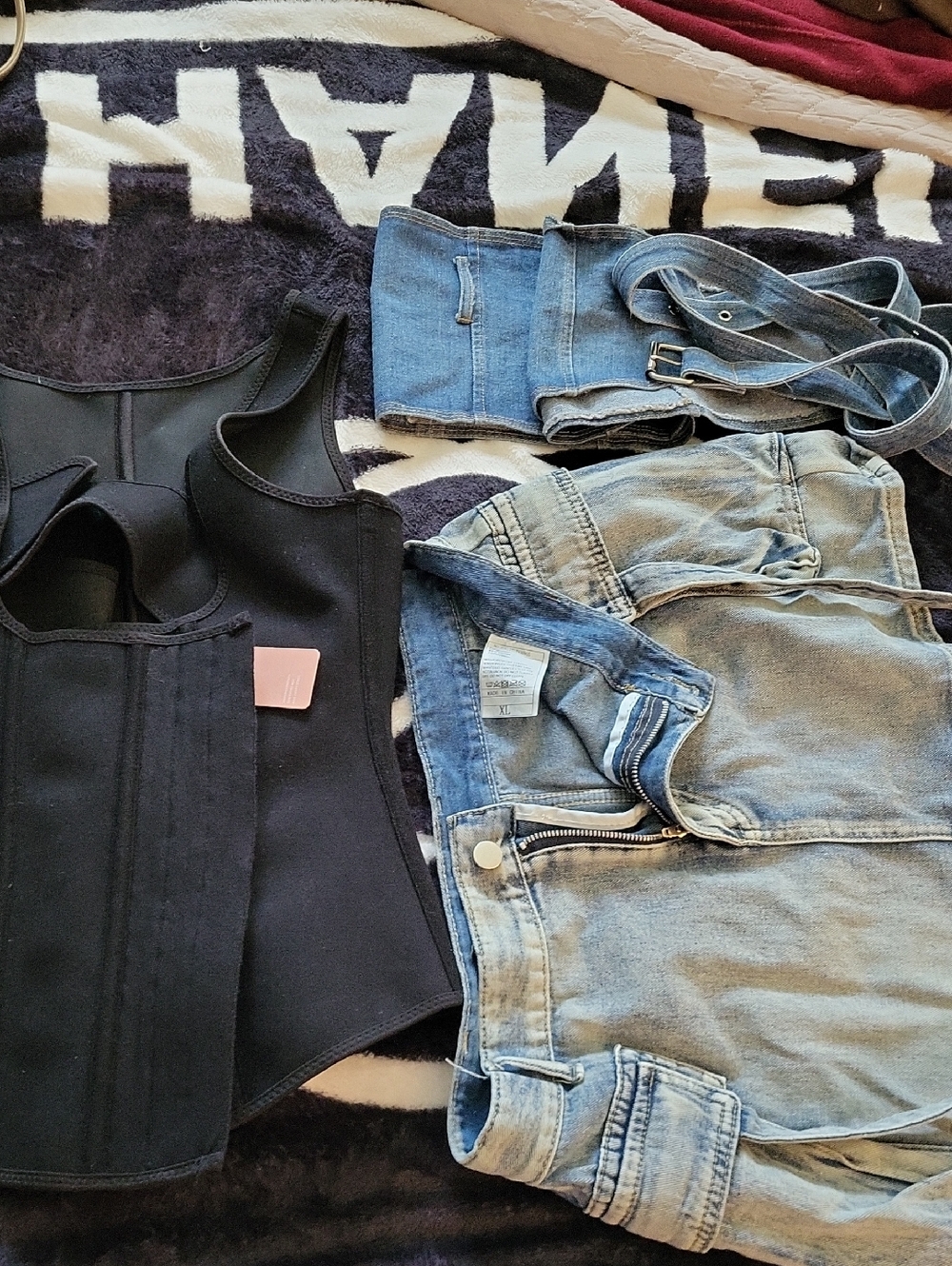 Black Waist Trainer Vest with Light Denim Skirt & Denim Waist Wrap